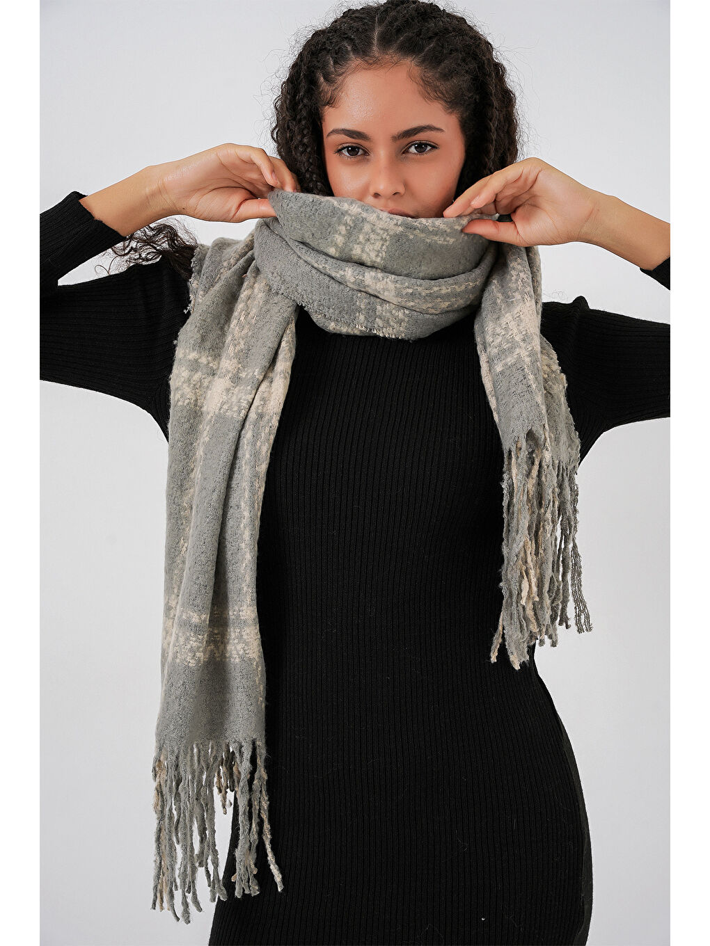 Kadın Yumuşak Dokulu Kalın Şal Atkı 15951 - F.Gri-1
