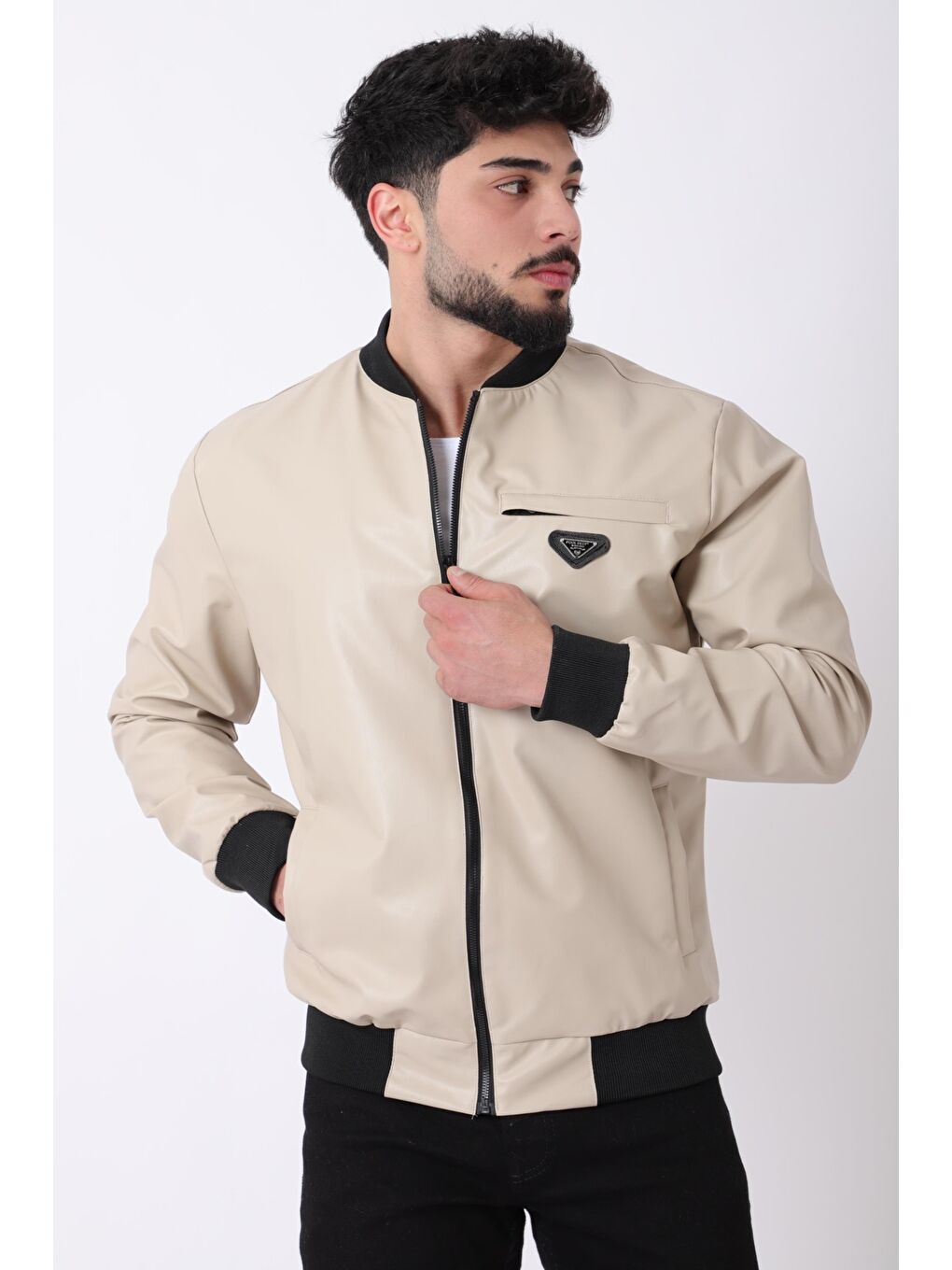 Ekru Kolej Yaka Bel Lastikli Suni Deri Mont PLDP 3000_50448-2