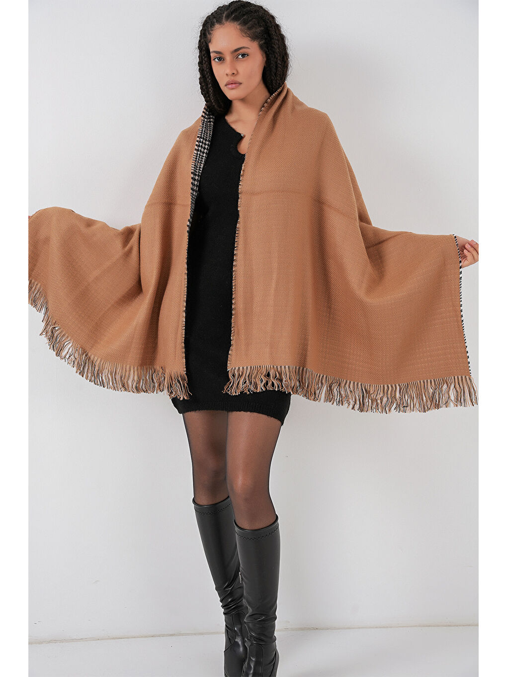 Sarı Kadın Yumuşak Dokulu Kalın Şal Atkı 15951 - Camel-2