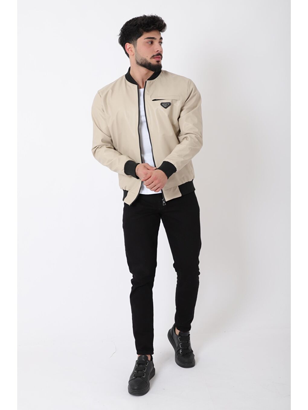 Ekru Kolej Yaka Bel Lastikli Suni Deri Mont PLDP 3000_50448-3