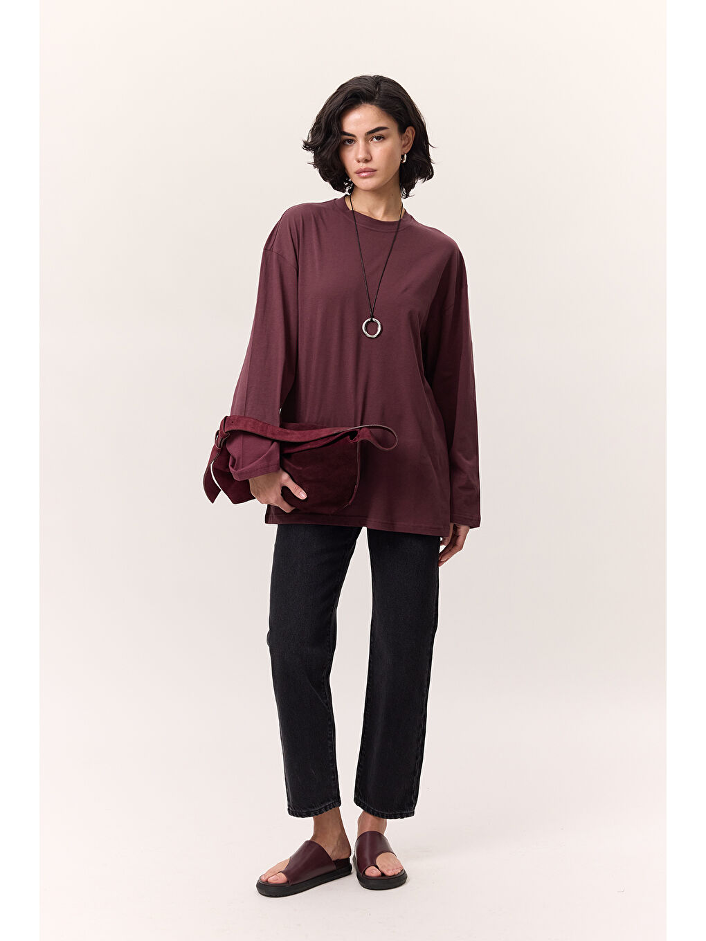 Geniş Kol Oversıze Tshırt Bordo-2
