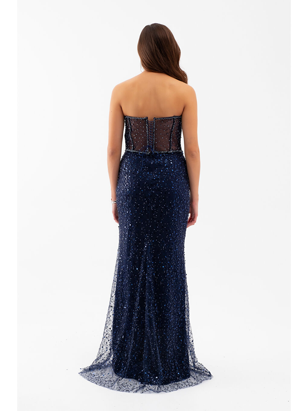 Kadın Lacivert Straplez Taşlı Balık Abiye Elbise-5