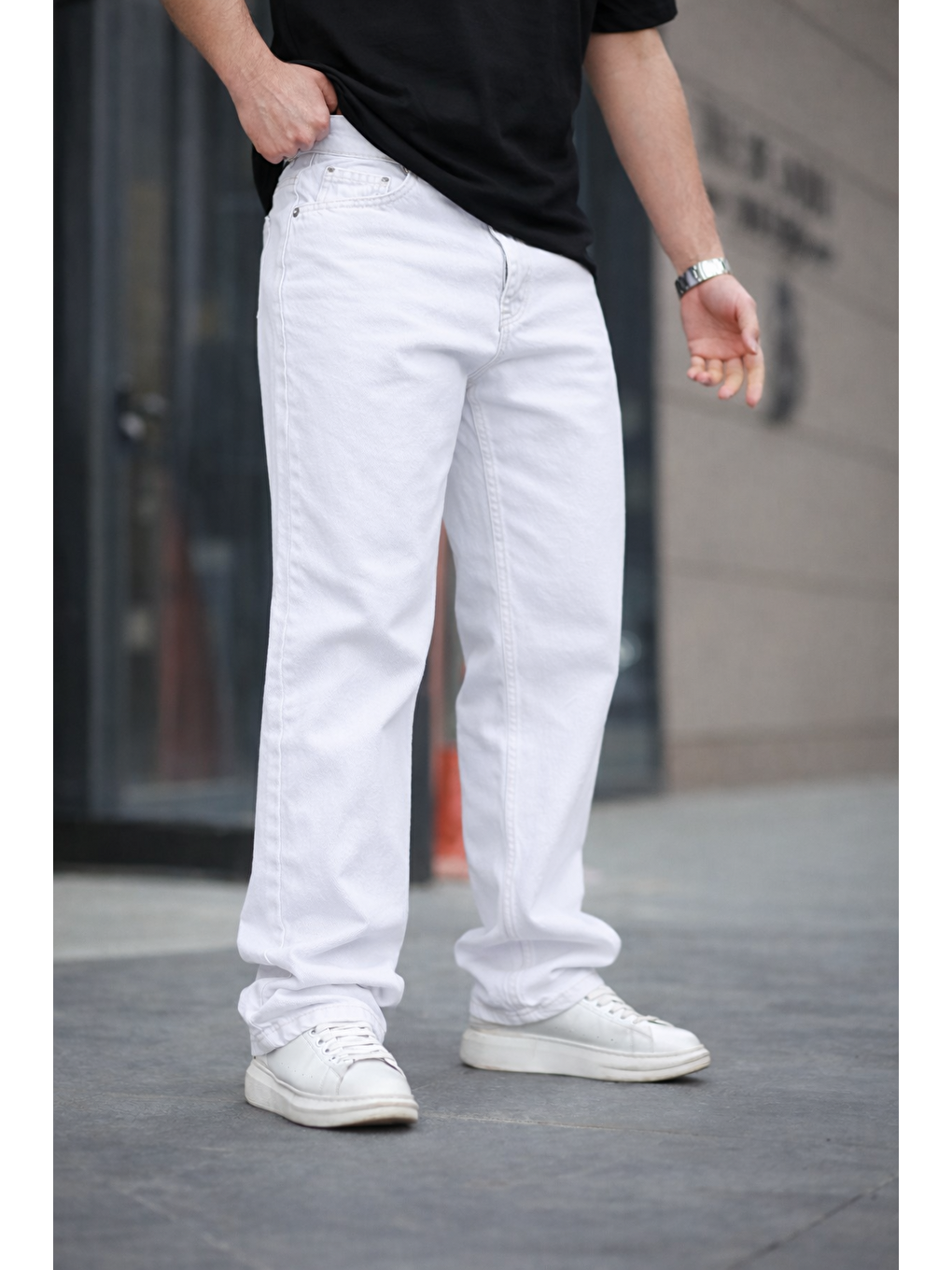 Erkek Bol Paça Basic Yüksek Bel Beyaz Baggy Pantolon-4