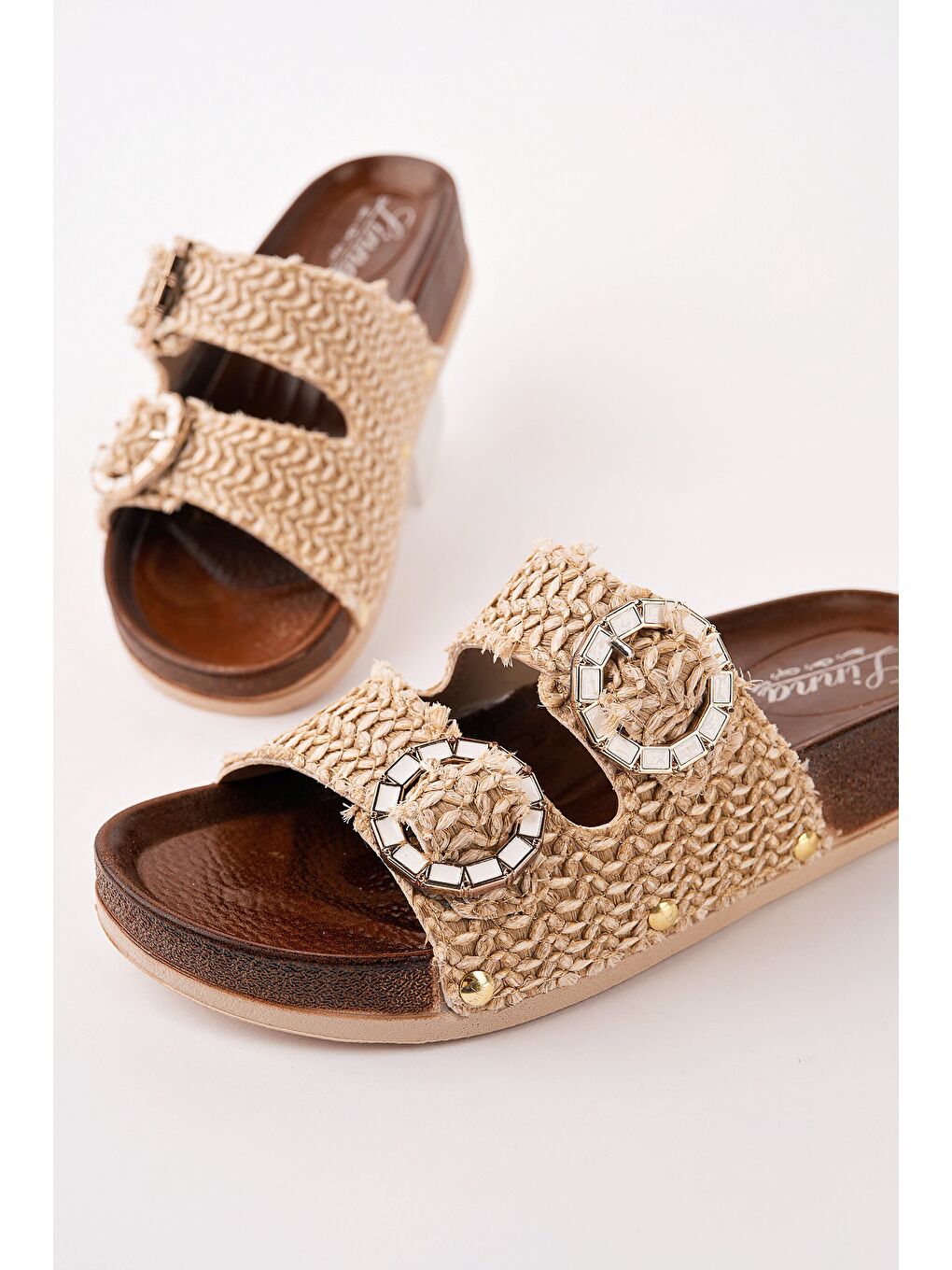 Bej BEFOR Desenli Çift Tokalı Günlük Kadın Terlik-4