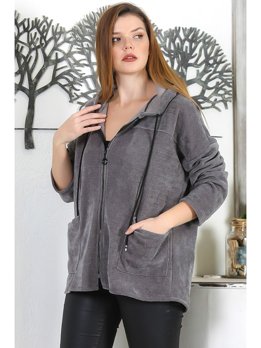İtalyan Gri Kapüşonlu Uzun Kol Fermuarlı Çift Cepli Casual Kadife Örme Kapüşonlu Ceket-2
