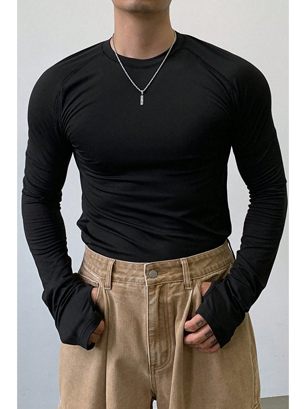 Erkek Siyah Uzun Kollu Basic T-shirt-3