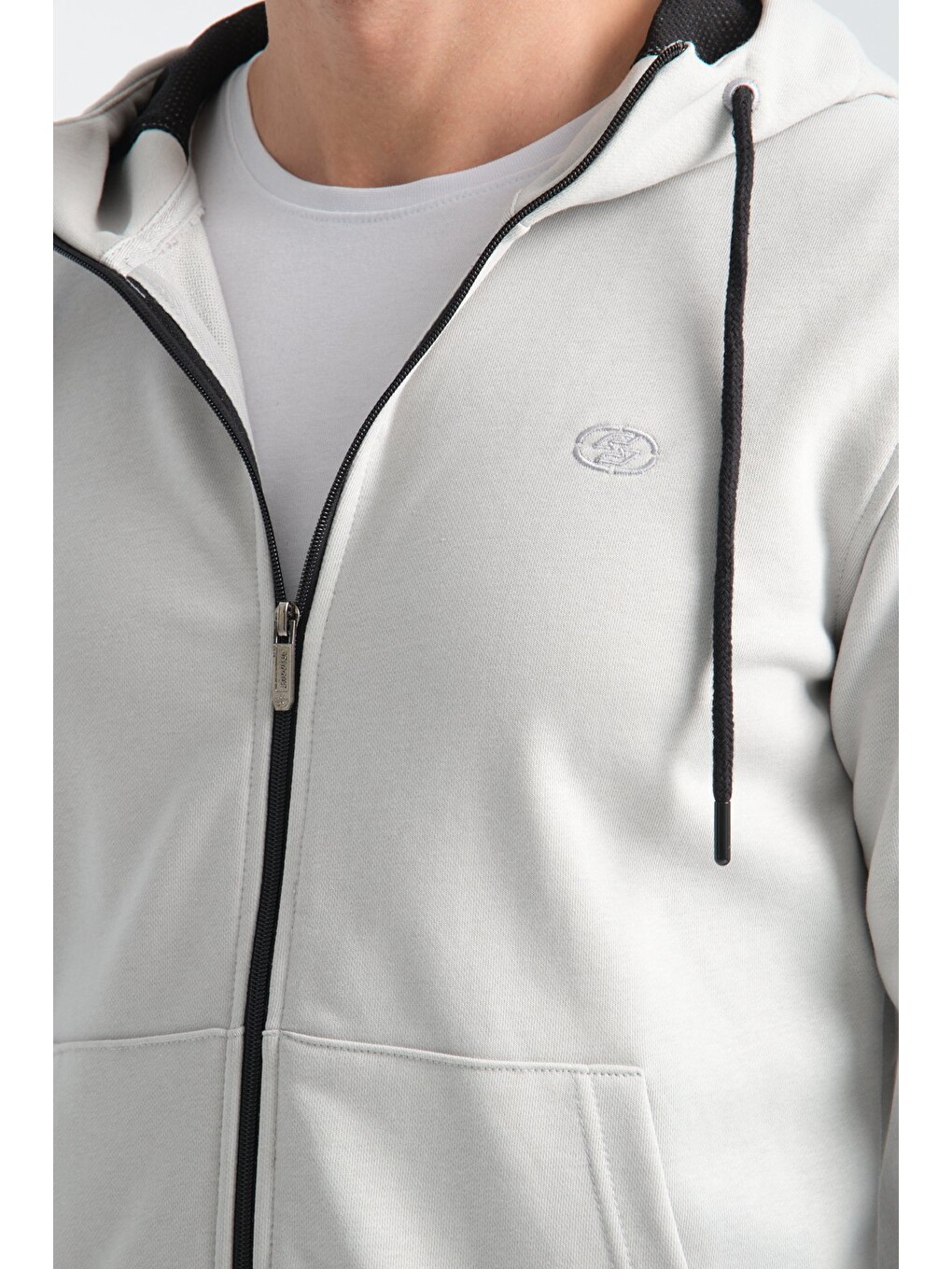 Bej Taş Erkek Üç İplik Şardonsuz Fermuarlı Kapüşonlu Sweatshirt-2