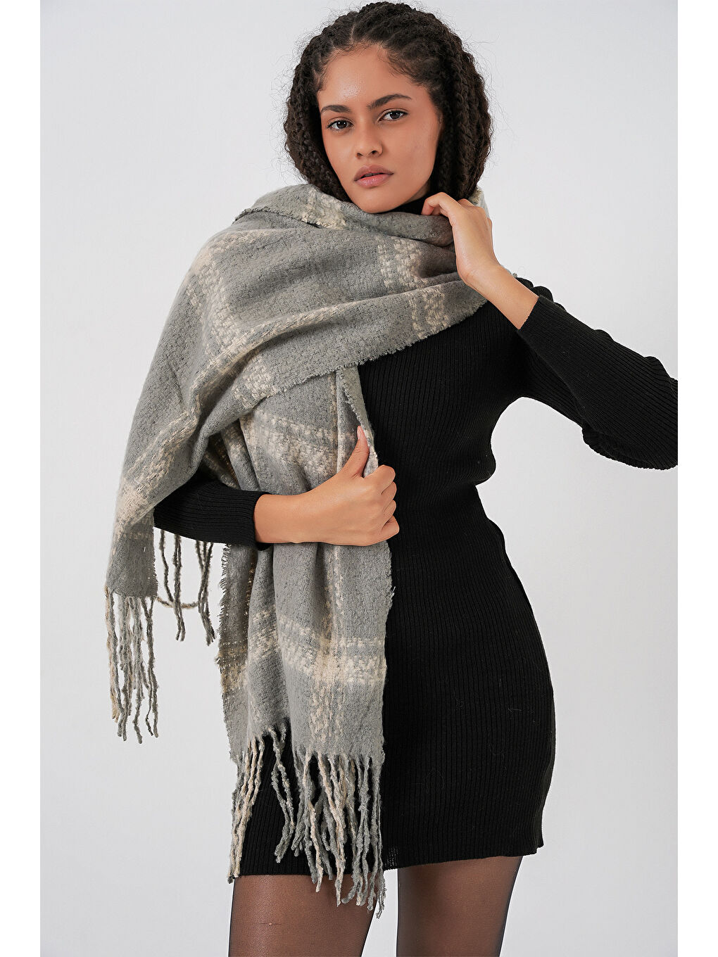 Kadın Yumuşak Dokulu Kalın Şal Atkı 15951 - F.Gri-2