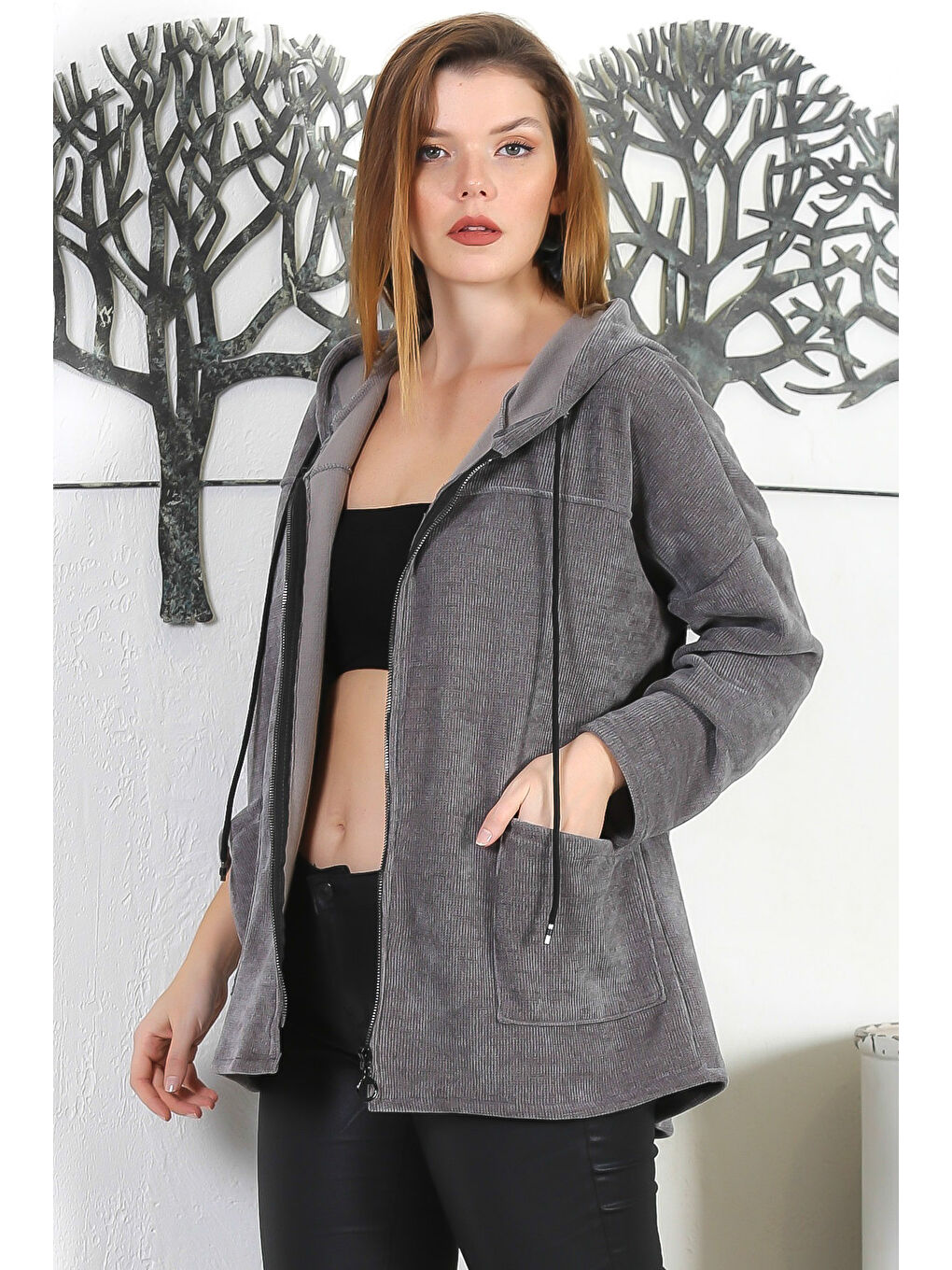 İtalyan Gri Kapüşonlu Uzun Kol Fermuarlı Çift Cepli Casual Kadife Örme Kapüşonlu Ceket-3