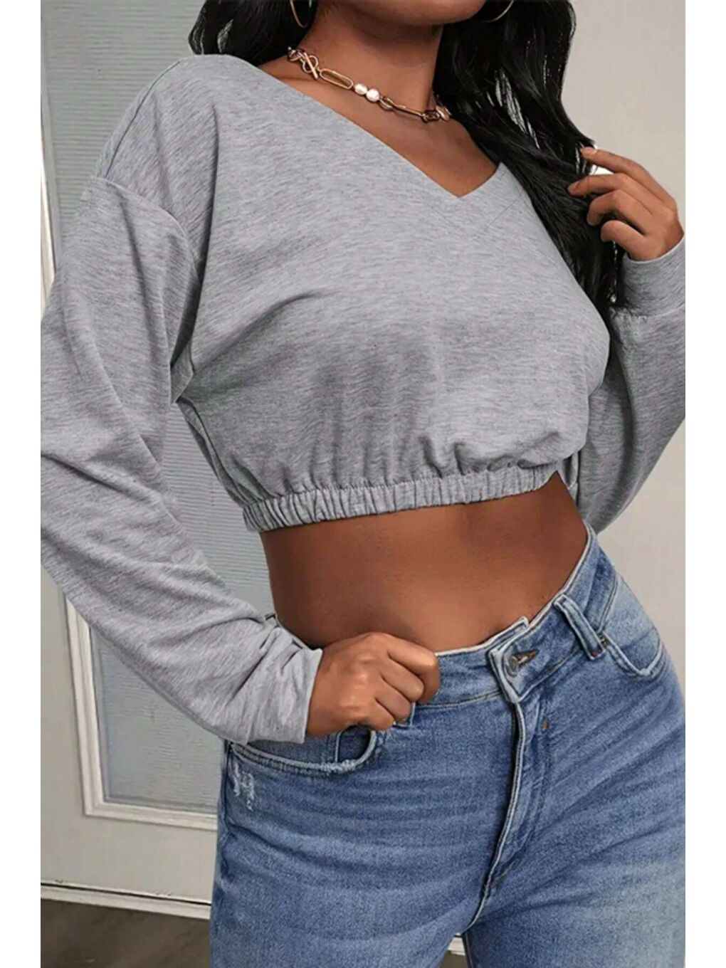 Gri Kadın Omuz Dekolteli Lastikli Crop Sweatshirt %100 Pamuk-2