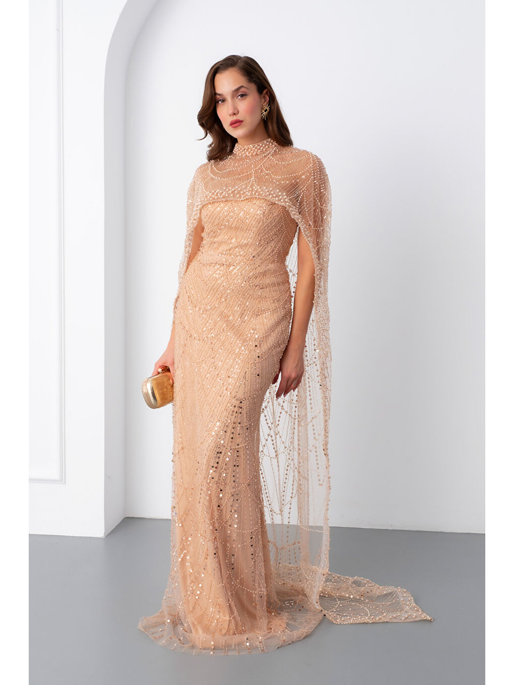 Sarı Kadın Gold Straplez Uzun Şal Detay Boncuklu Söz Nişan Abiye