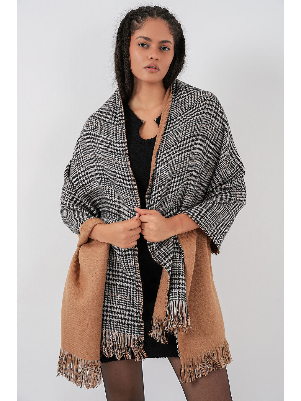 Sarı Kadın Yumuşak Dokulu Kalın Şal Atkı 15951 - Camel-3