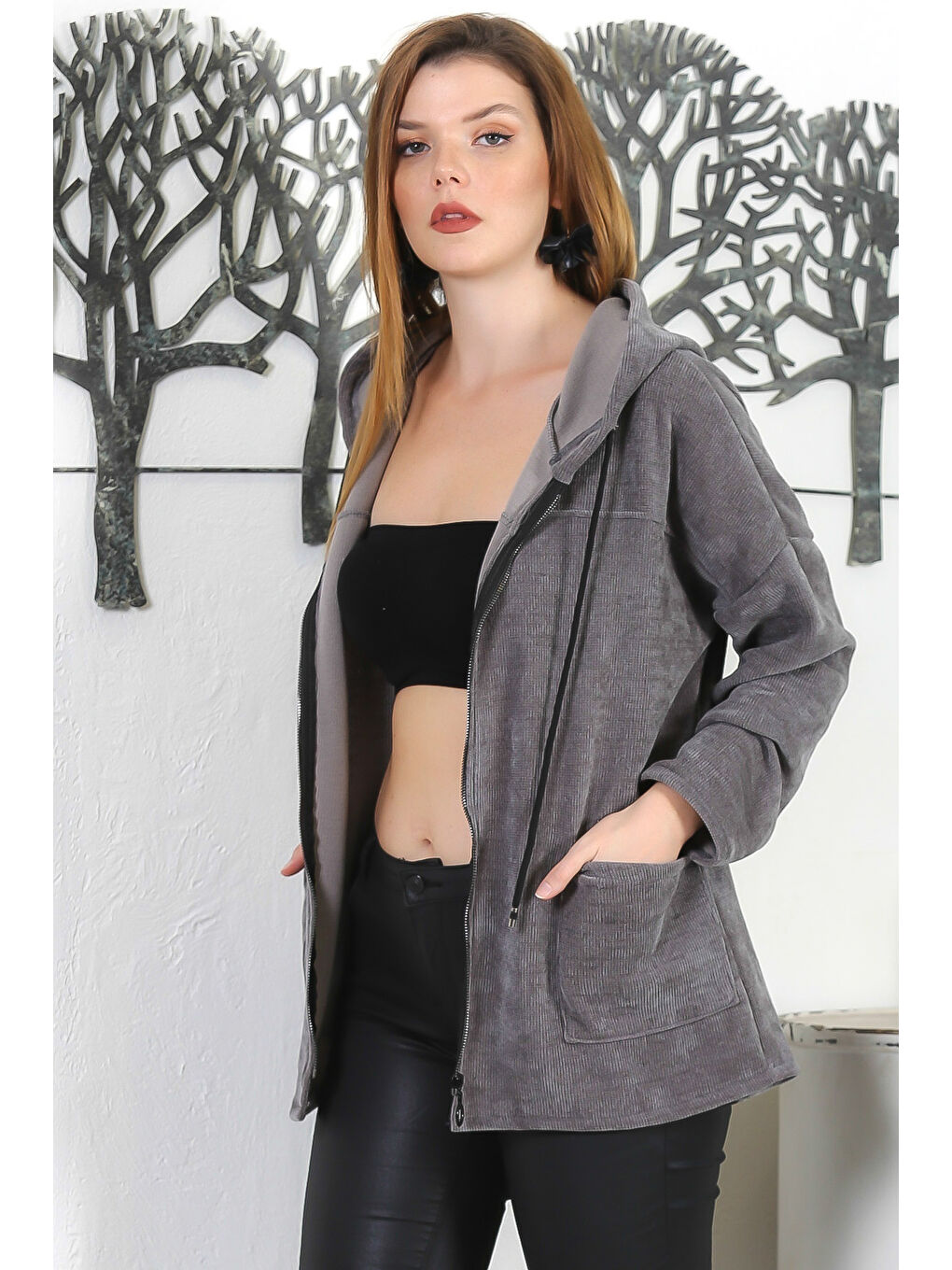 İtalyan Gri Kapüşonlu Uzun Kol Fermuarlı Çift Cepli Casual Kadife Örme Kapüşonlu Ceket-4