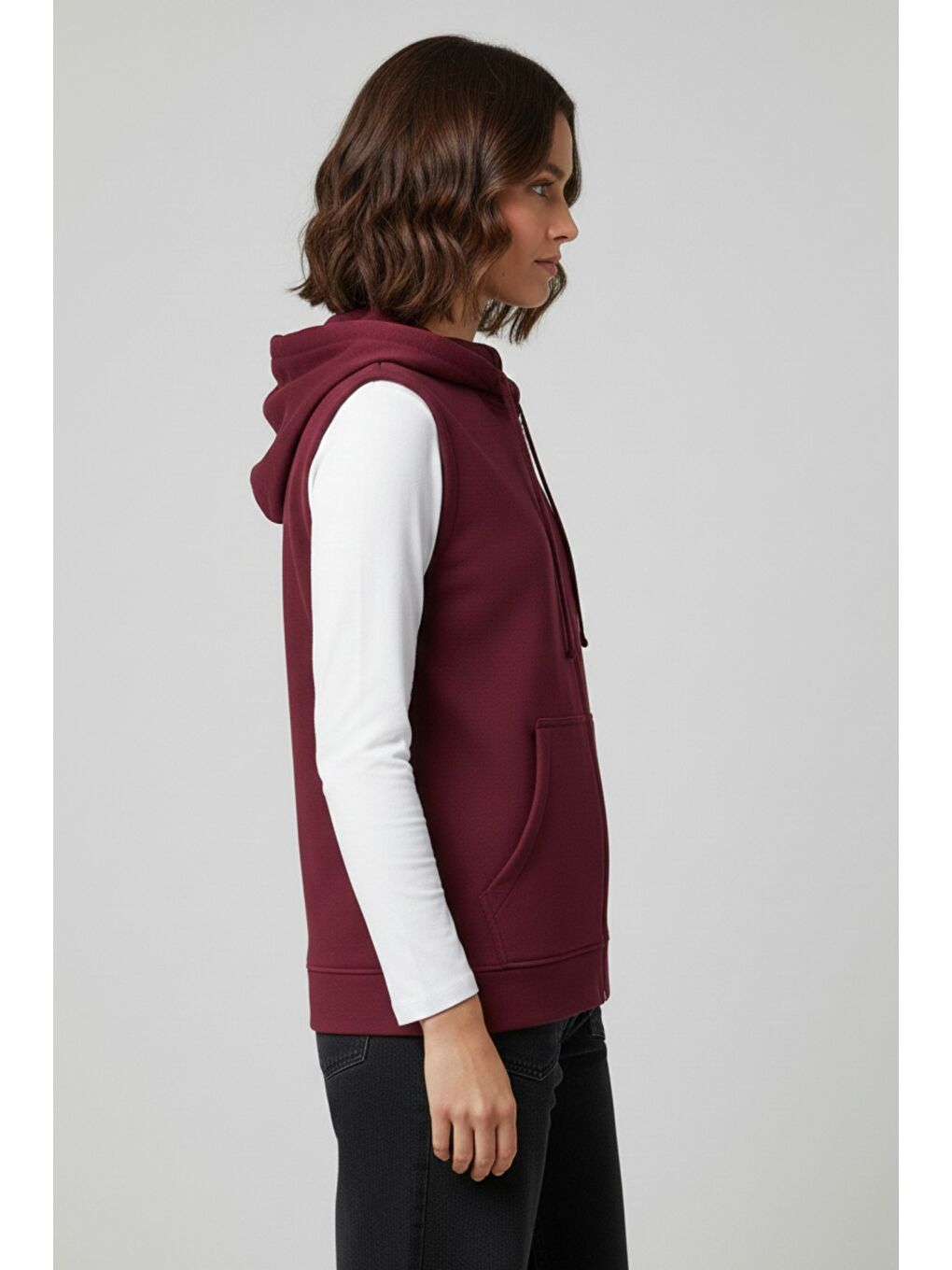 Bordo Kadın Sıfır Kol Kapüşonlu Hırka ve Uzun Kollu Tişört Takımı-2
