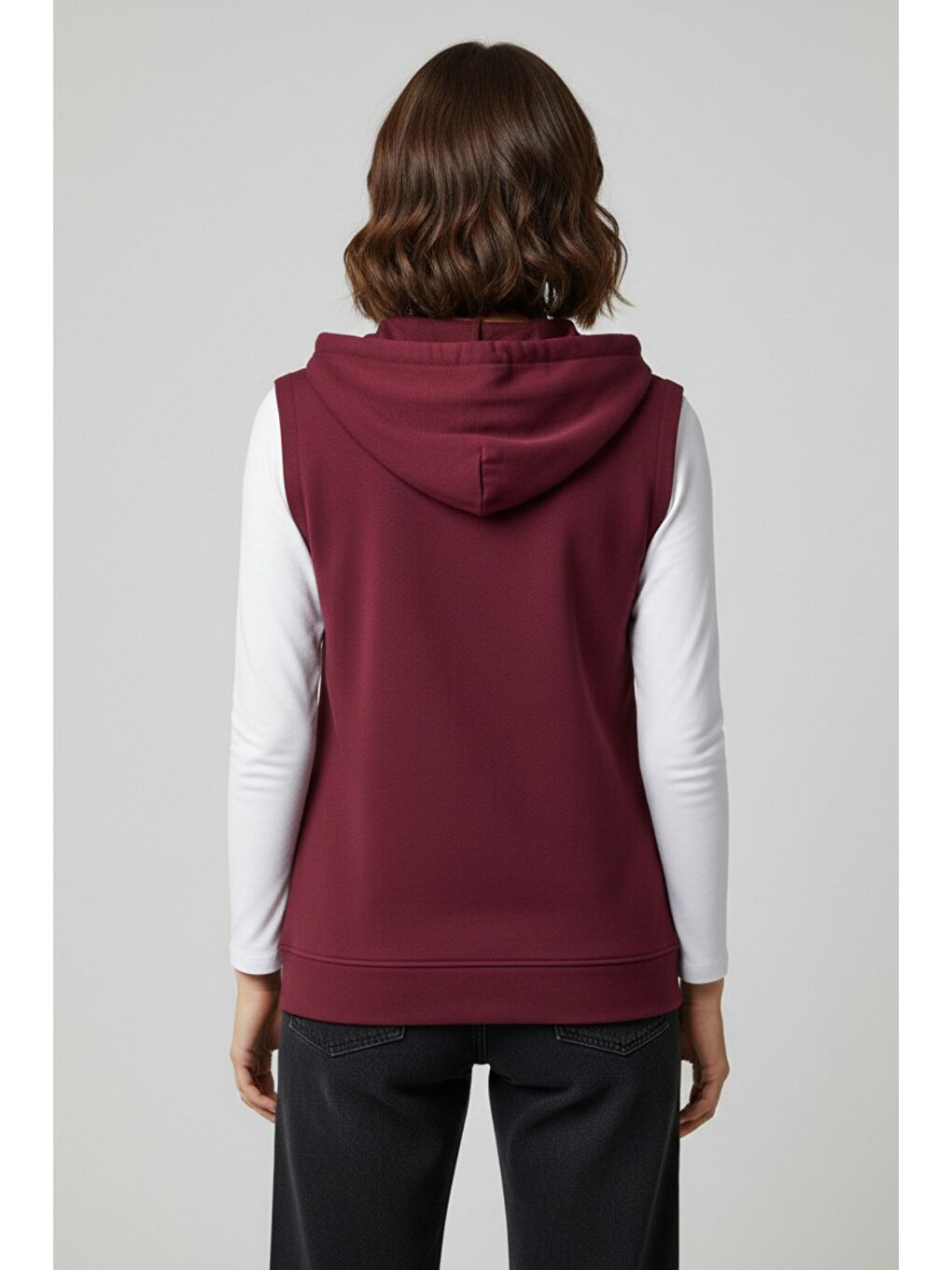 Bordo Kadın Sıfır Kol Kapüşonlu Hırka ve Uzun Kollu Tişört Takımı-3