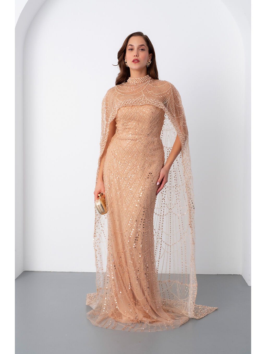 Sarı Kadın Gold Straplez Uzun Şal Detay Boncuklu Söz Nişan Abiye-1