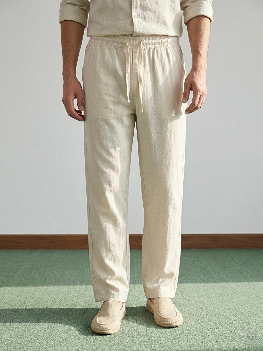 Erkek Baggy Kalıp Beli Lastikli %100 Pamuk Keten Görünümlü Pantolon Bej 1007DNGR