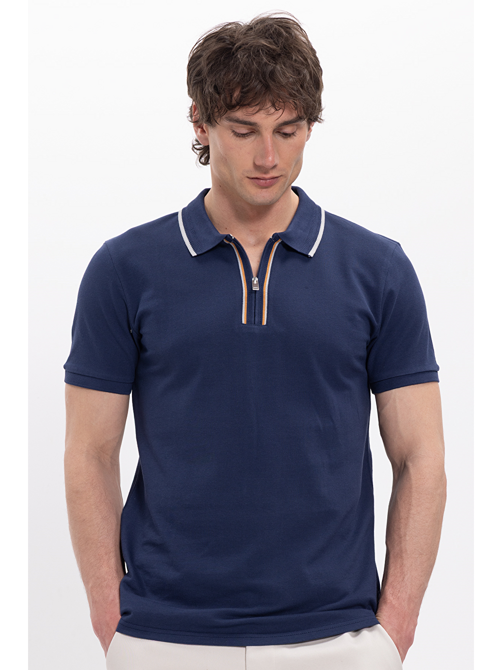 Erkek Slim Fit Dar Kesim %100 Pamuk Kısa Kollu Yarım Fermuarlı Lacivert Polo Yaka Tişört-6