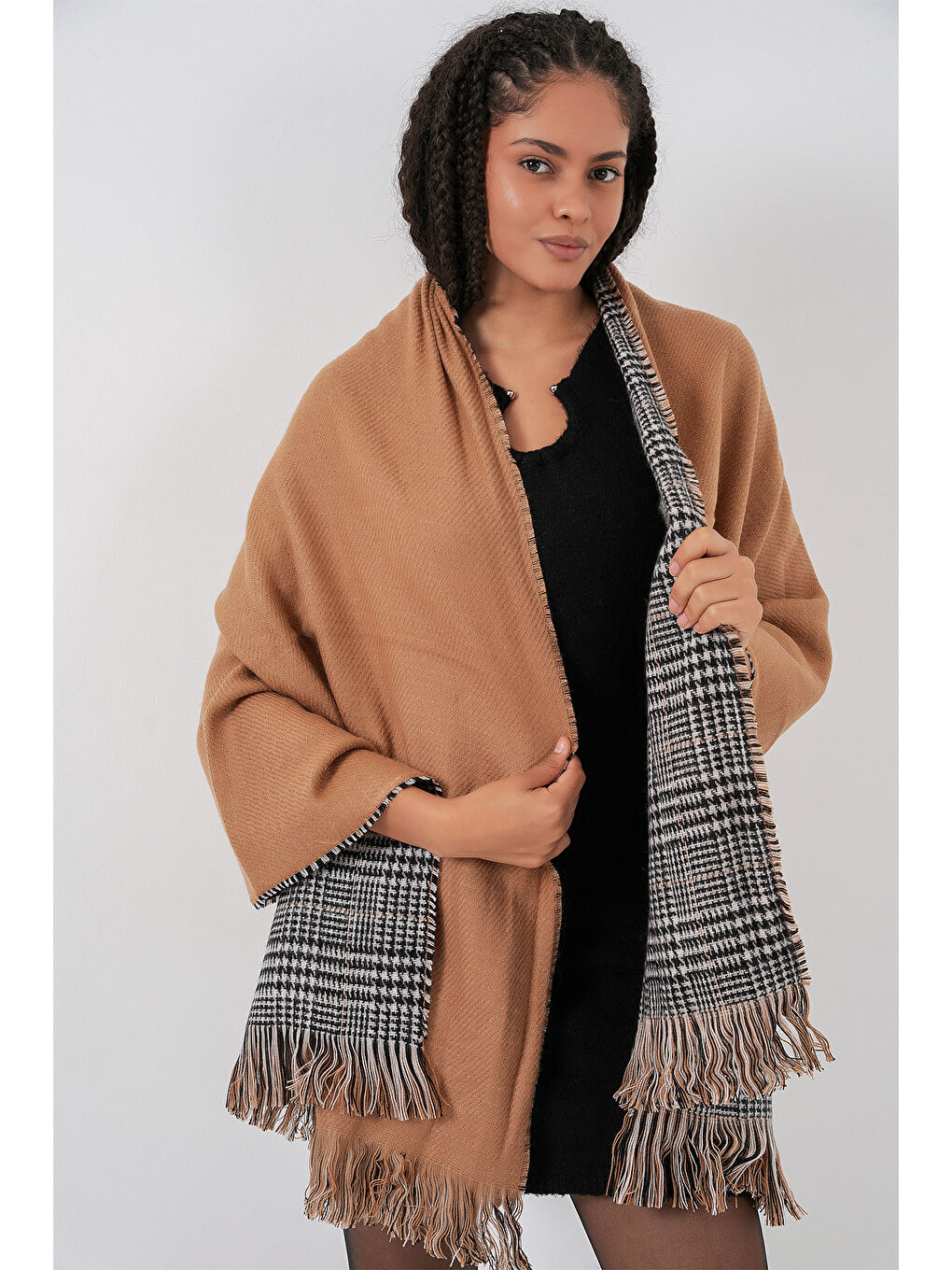 Sarı Kadın Yumuşak Dokulu Kalın Şal Atkı 15951 - Camel-4