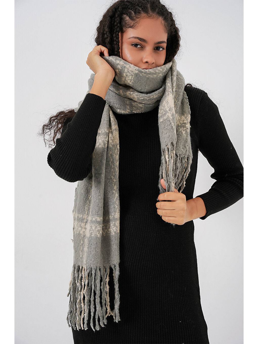 Kadın Yumuşak Dokulu Kalın Şal Atkı 15951 - F.Gri-3