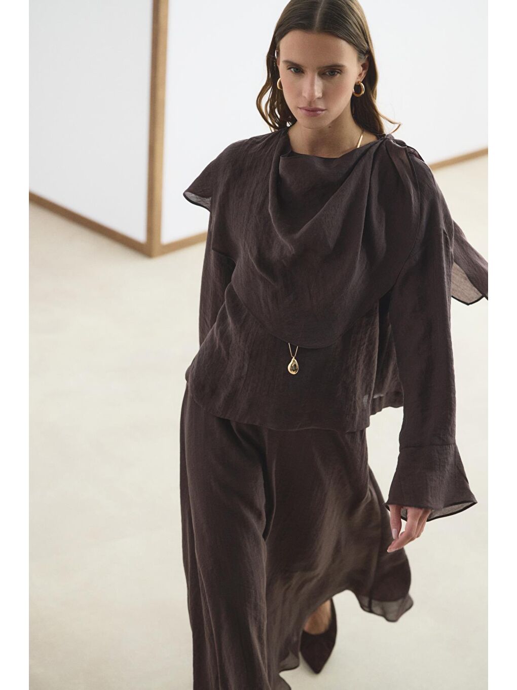 Kahverengi Şal Yaka Gömlek Etek Takım Acı Kahve-2