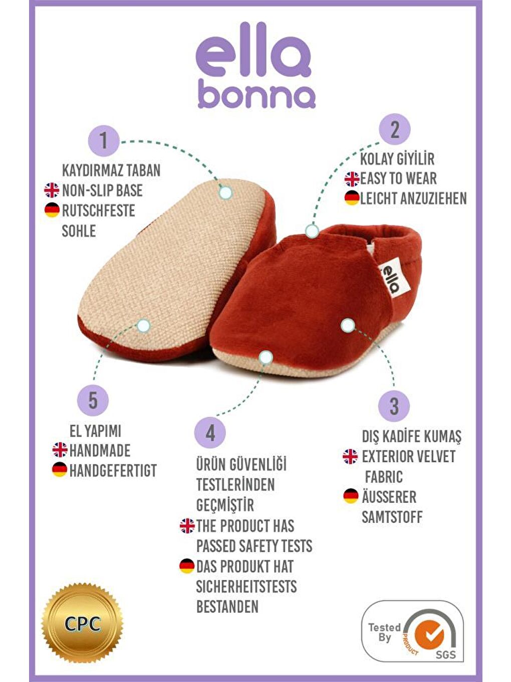 Kahverengi Kadife Bebek Patiği, Kaydırmaz Taban, Kreş Ayakkabısı Patik-4