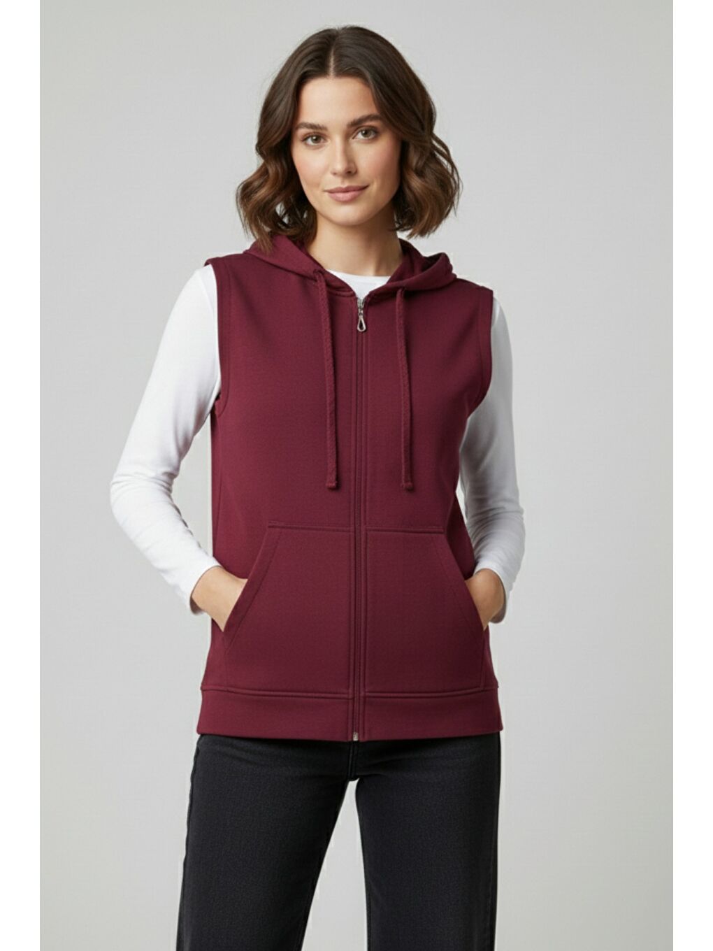 Bordo Kadın Sıfır Kol Kapüşonlu Hırka ve Uzun Kollu Tişört Takımı-5