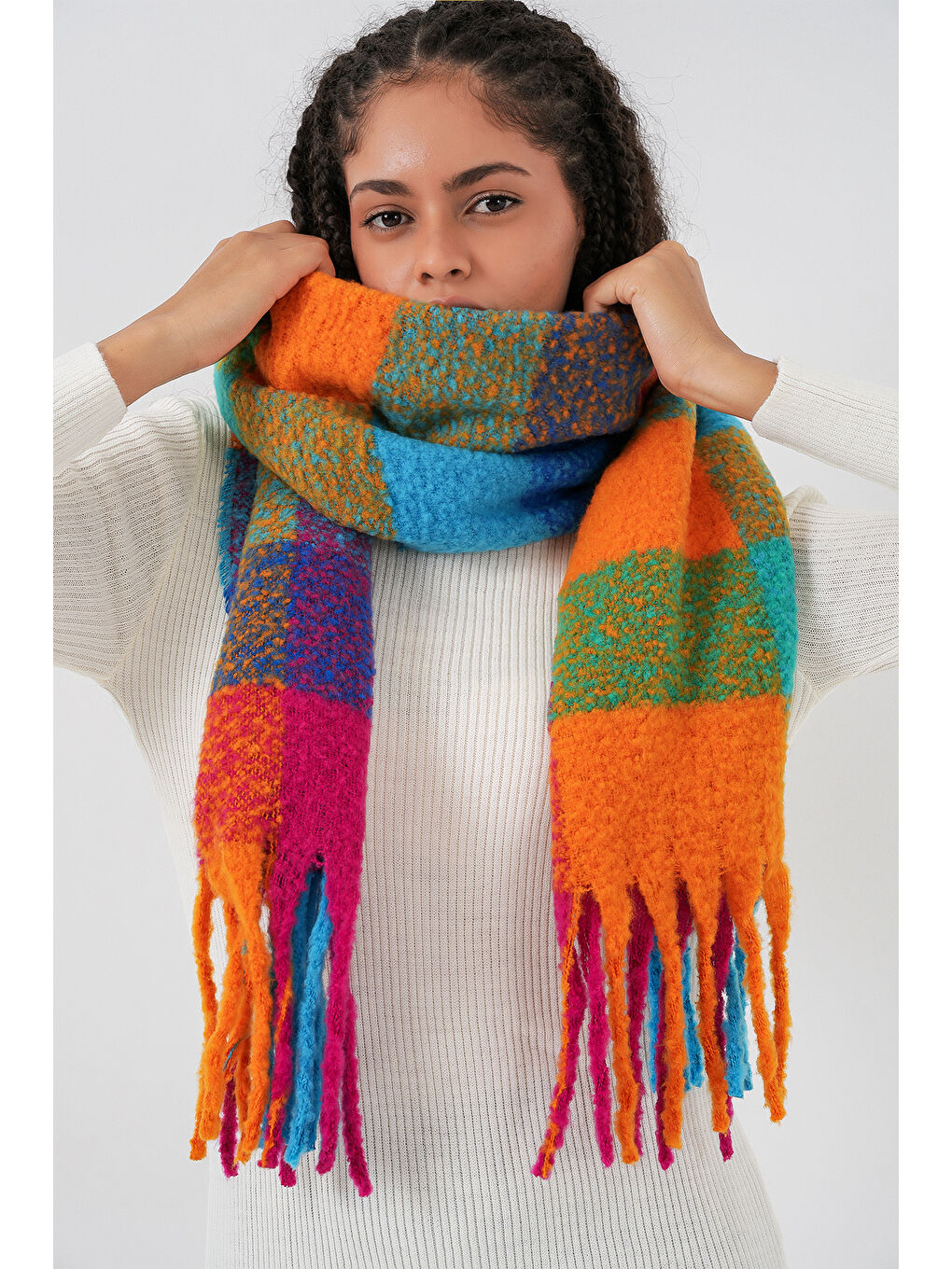 Kadın Yumuşak Dokulu Kalın Şal Atkı 15951 - Fuşya-2