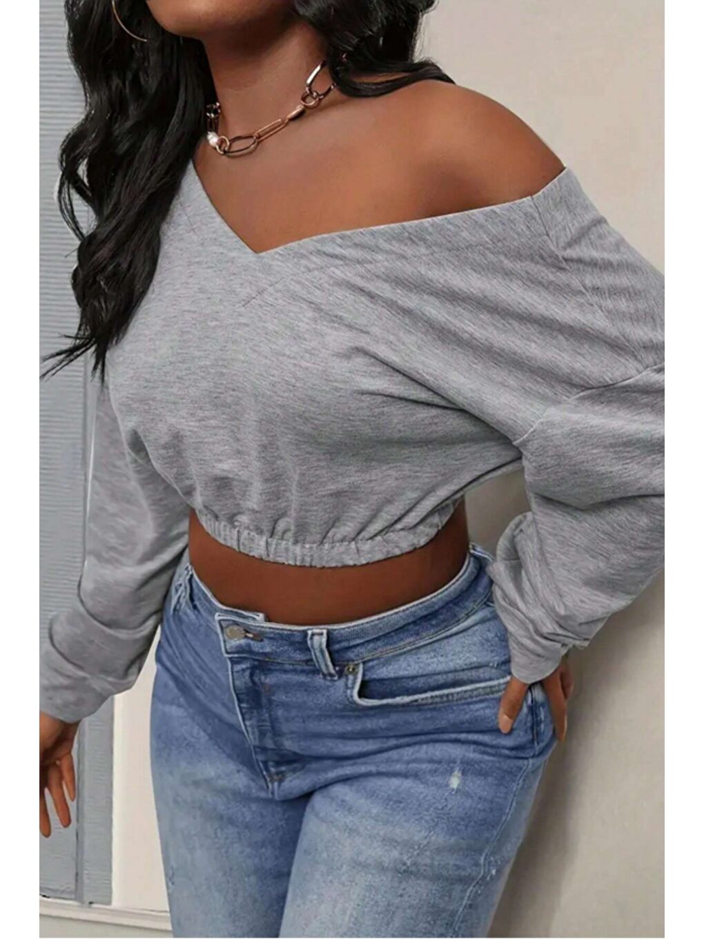 Gri Kadın Omuz Dekolteli Lastikli Crop Sweatshirt %100 Pamuk-3