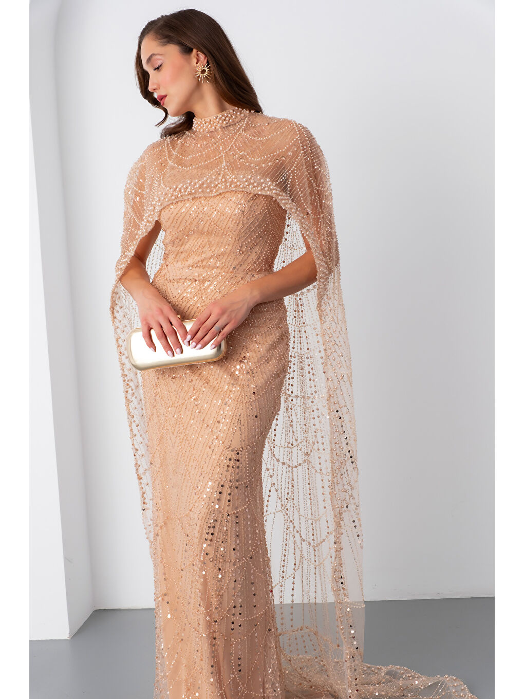 Sarı Kadın Gold Straplez Uzun Şal Detay Boncuklu Söz Nişan Abiye-2