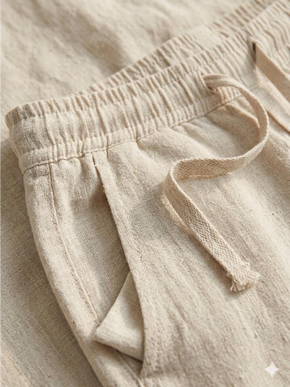 Erkek Baggy Kalıp Beli Lastikli %100 Pamuk Keten Görünümlü Pantolon Bej 1007DNGR-4