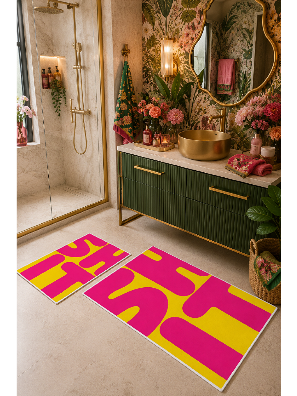 Neon Fuşya Sarı Soyut Tipografik Banyo Paspası 2’li Set-4
