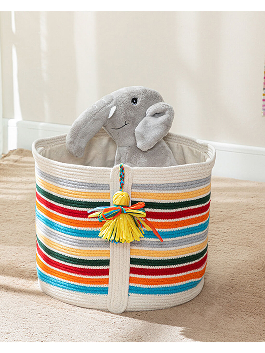 Beyaz Çizgili Sepet Örgü Pamuk Oyuncak Sepeti Multicolor