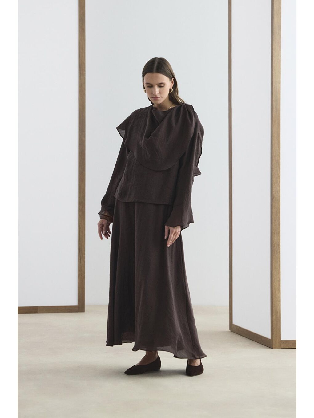 Kahverengi Şal Yaka Gömlek Etek Takım Acı Kahve-3