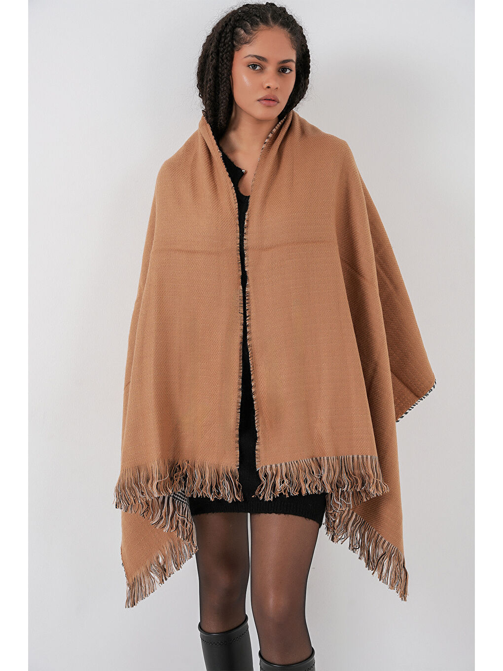 Sarı Kadın Yumuşak Dokulu Kalın Şal Atkı 15951 - Camel-5