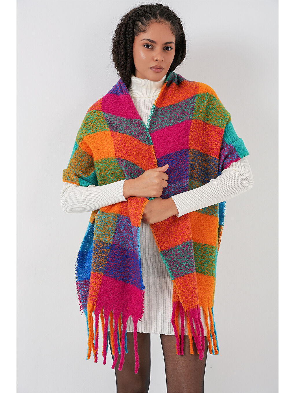 Kadın Yumuşak Dokulu Kalın Şal Atkı 15951 - Fuşya-3