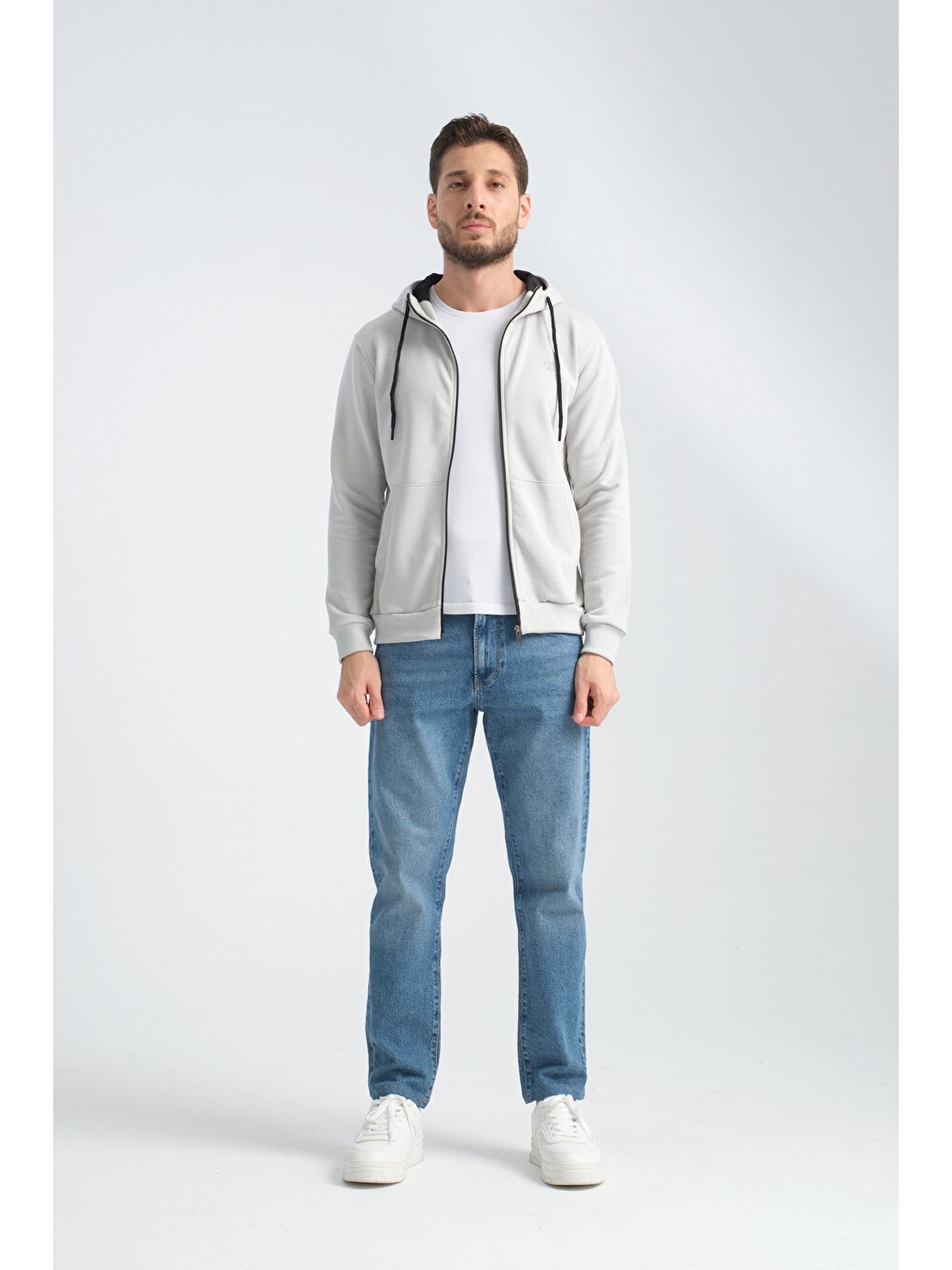 Bej Taş Erkek Üç İplik Şardonsuz Fermuarlı Kapüşonlu Sweatshirt-3