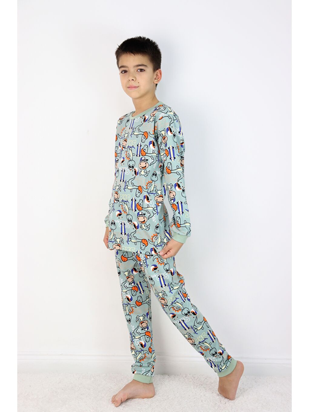 Yeşil Erkek Çocuk Baskılı interlok Kumaş Uzun Kollu Pijama Takımı-3