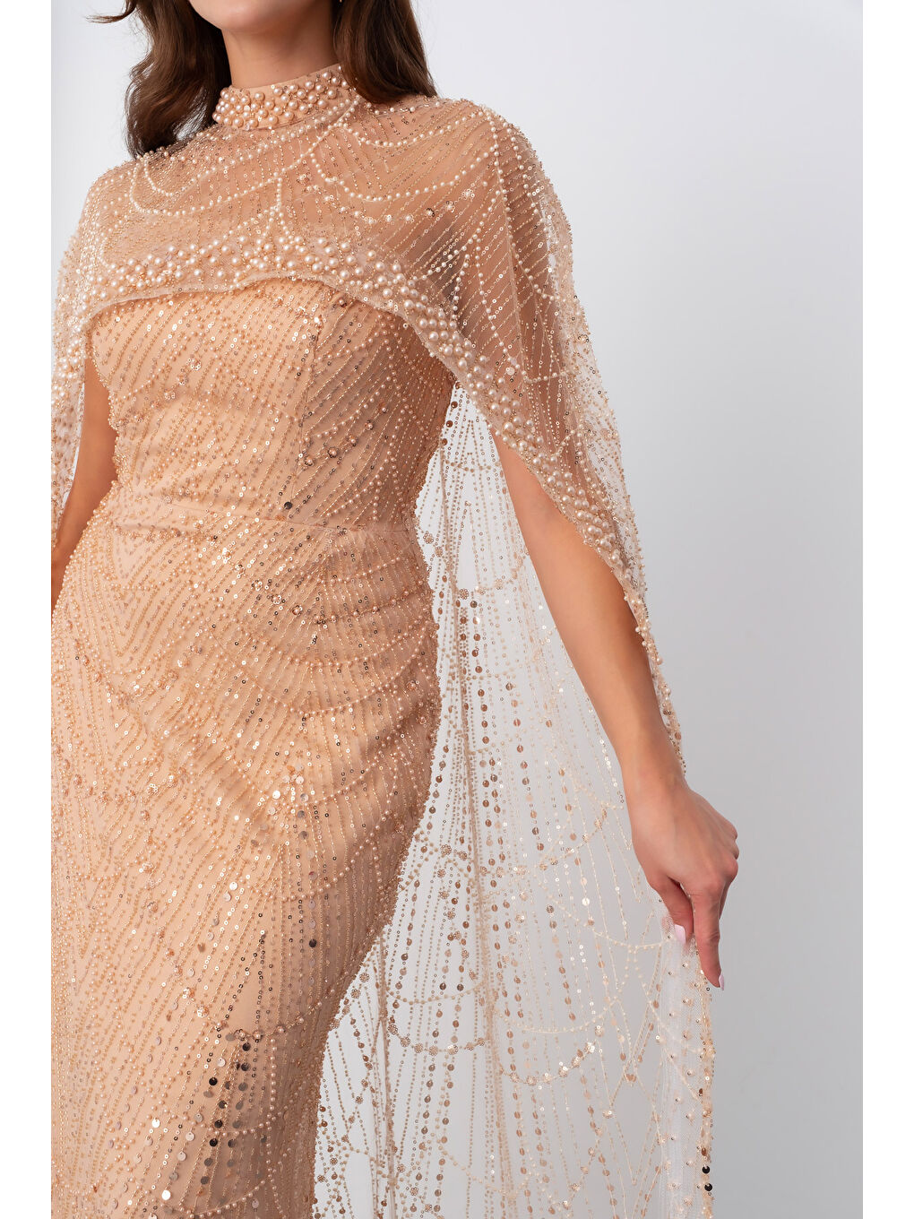 Sarı Kadın Gold Straplez Uzun Şal Detay Boncuklu Söz Nişan Abiye-3