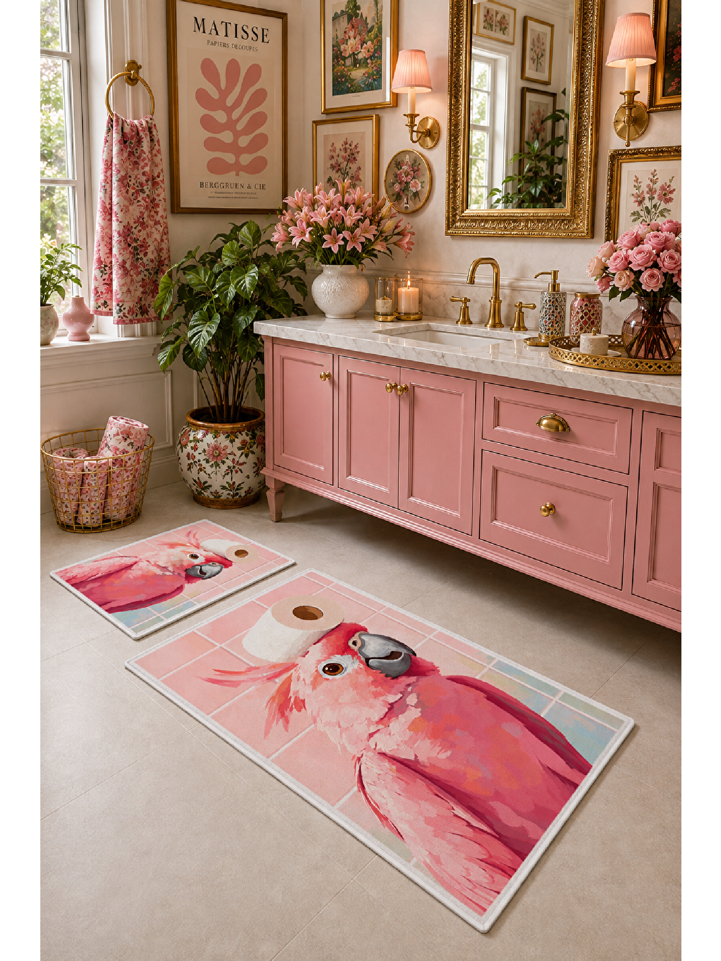 Pudra Pembe Flamingo Desenli Kaymaz Taban Banyo Paspası 2’li Set-7