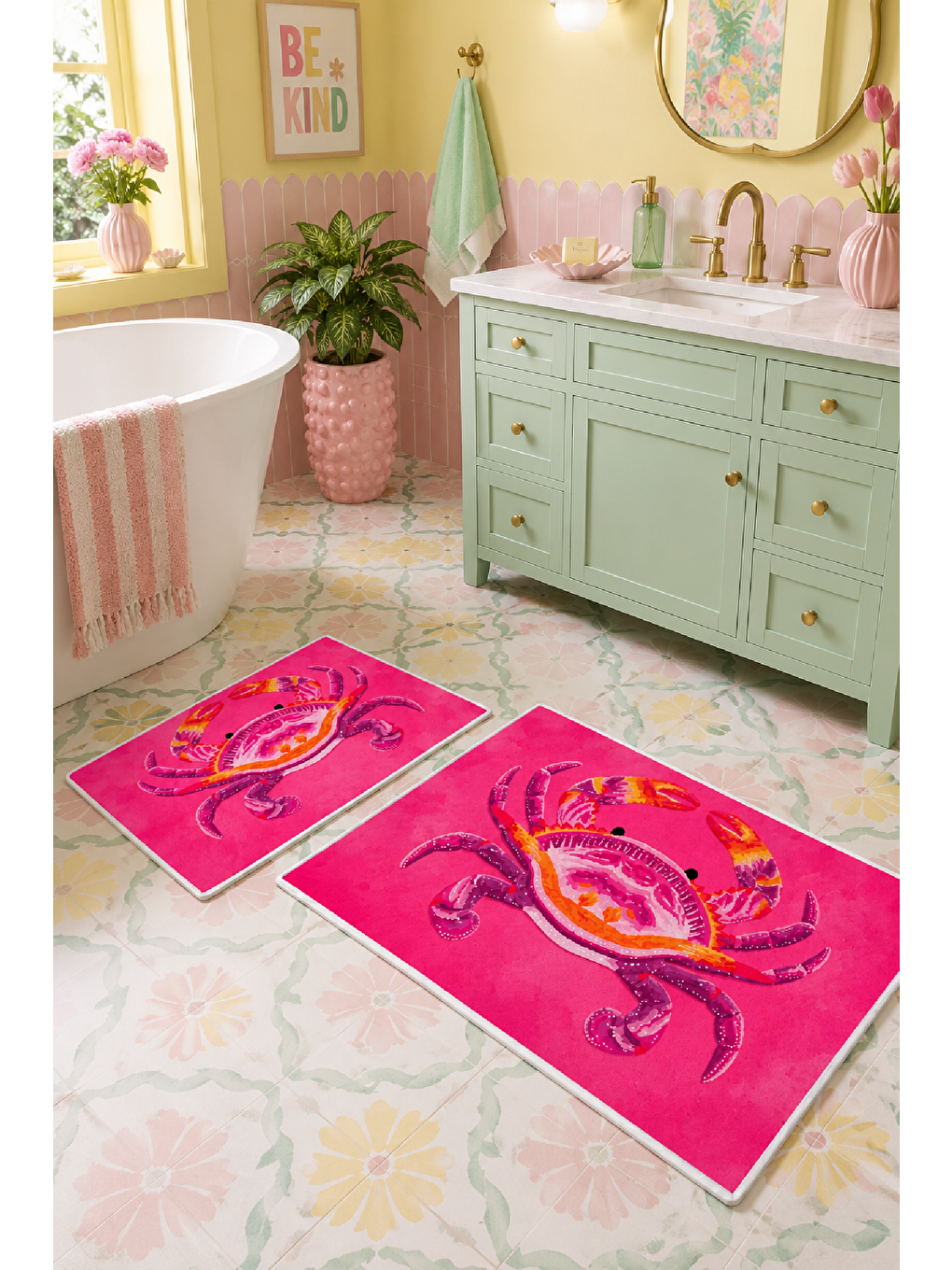 Fuşya Yengeç Desenli Kaymaz Taban Banyo Paspası 2’li Set-3