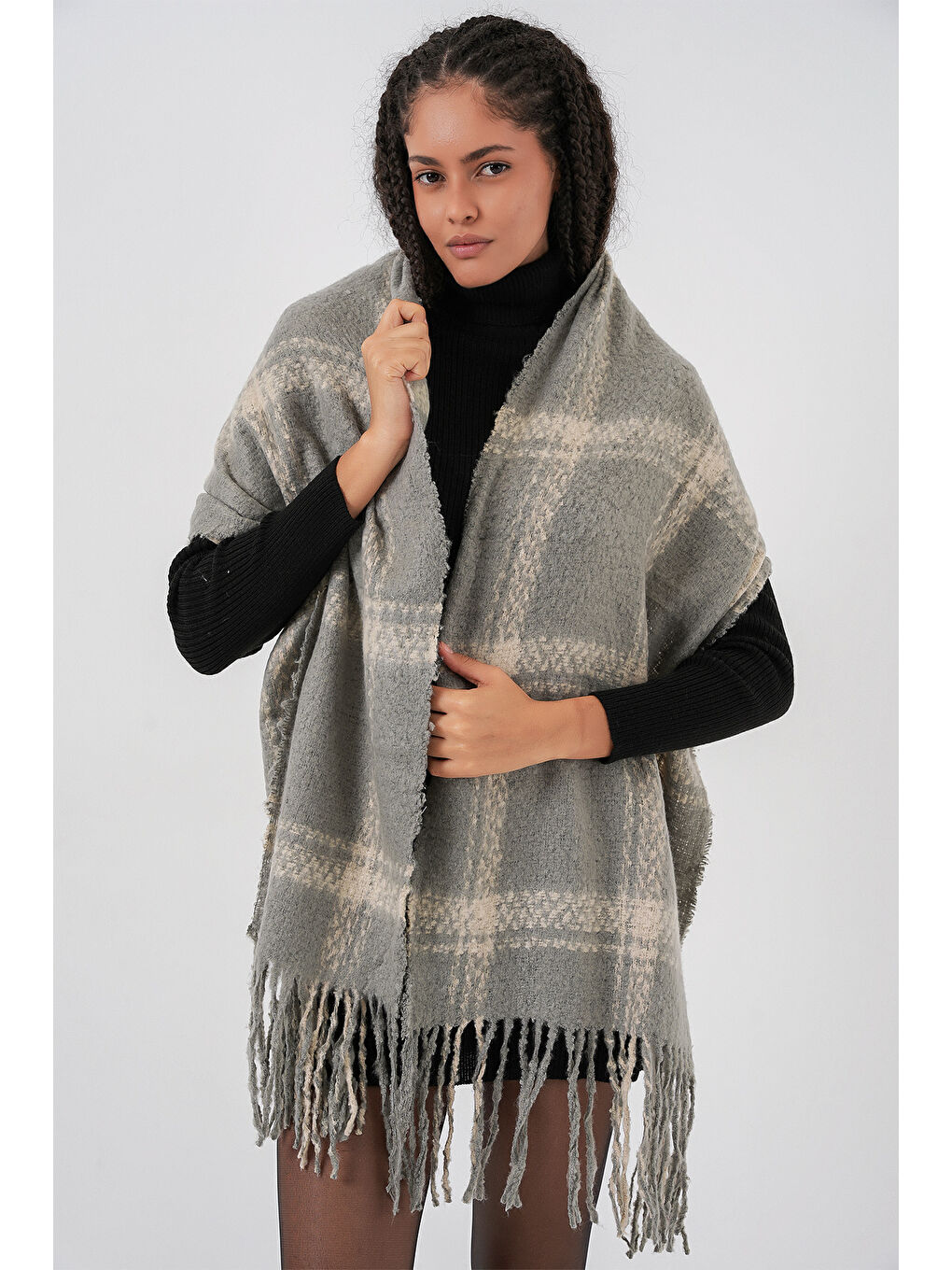Kadın Yumuşak Dokulu Kalın Şal Atkı 15951 - F.Gri-4
