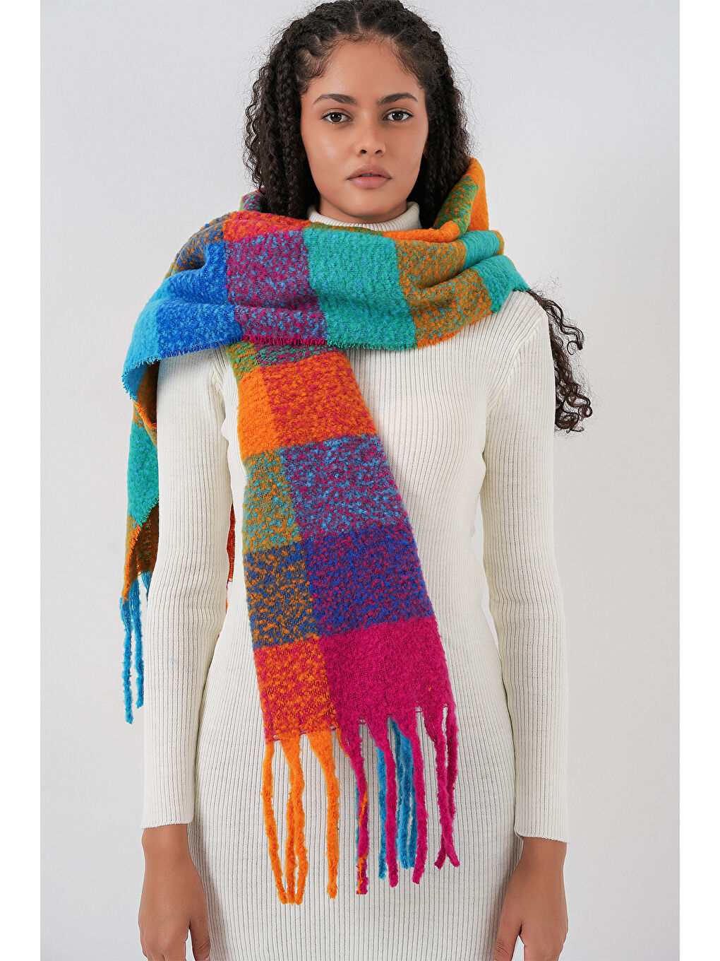 Kadın Yumuşak Dokulu Kalın Şal Atkı 15951 - Fuşya-4