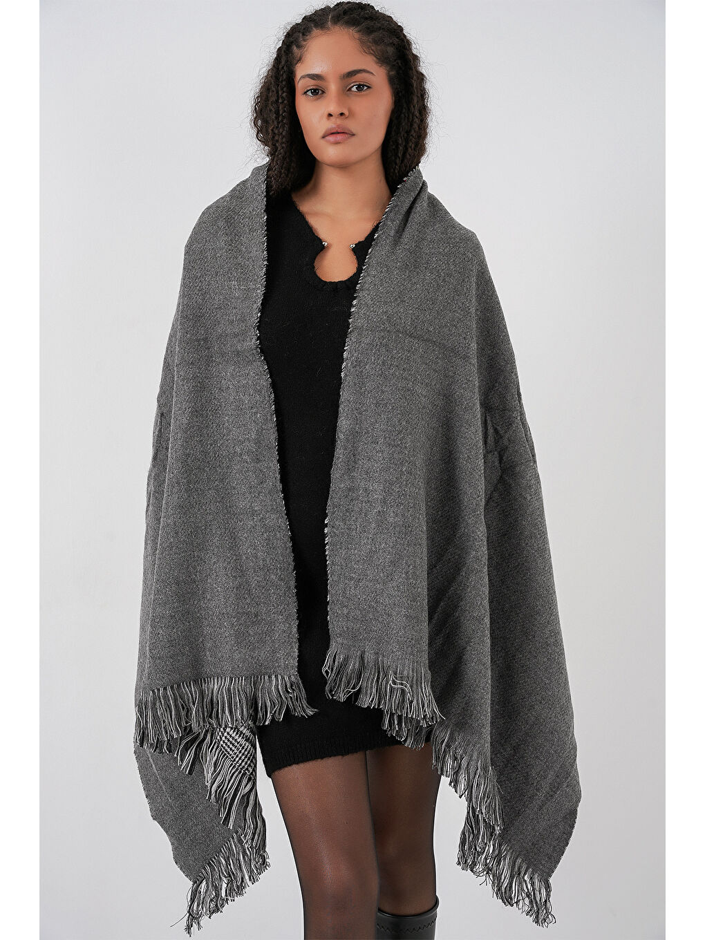 Kadın Yumuşak Dokulu Kalın Şal Atkı 15951 - Antrasit-1