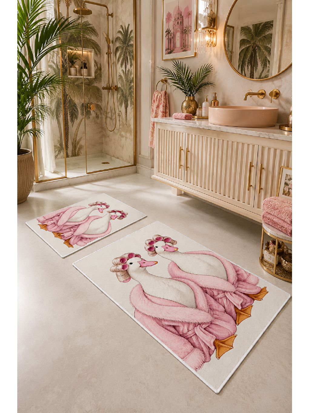 Beyaz Pembe Bornozlu Tavşan Desenli Banyo Paspası 2’li Set-4