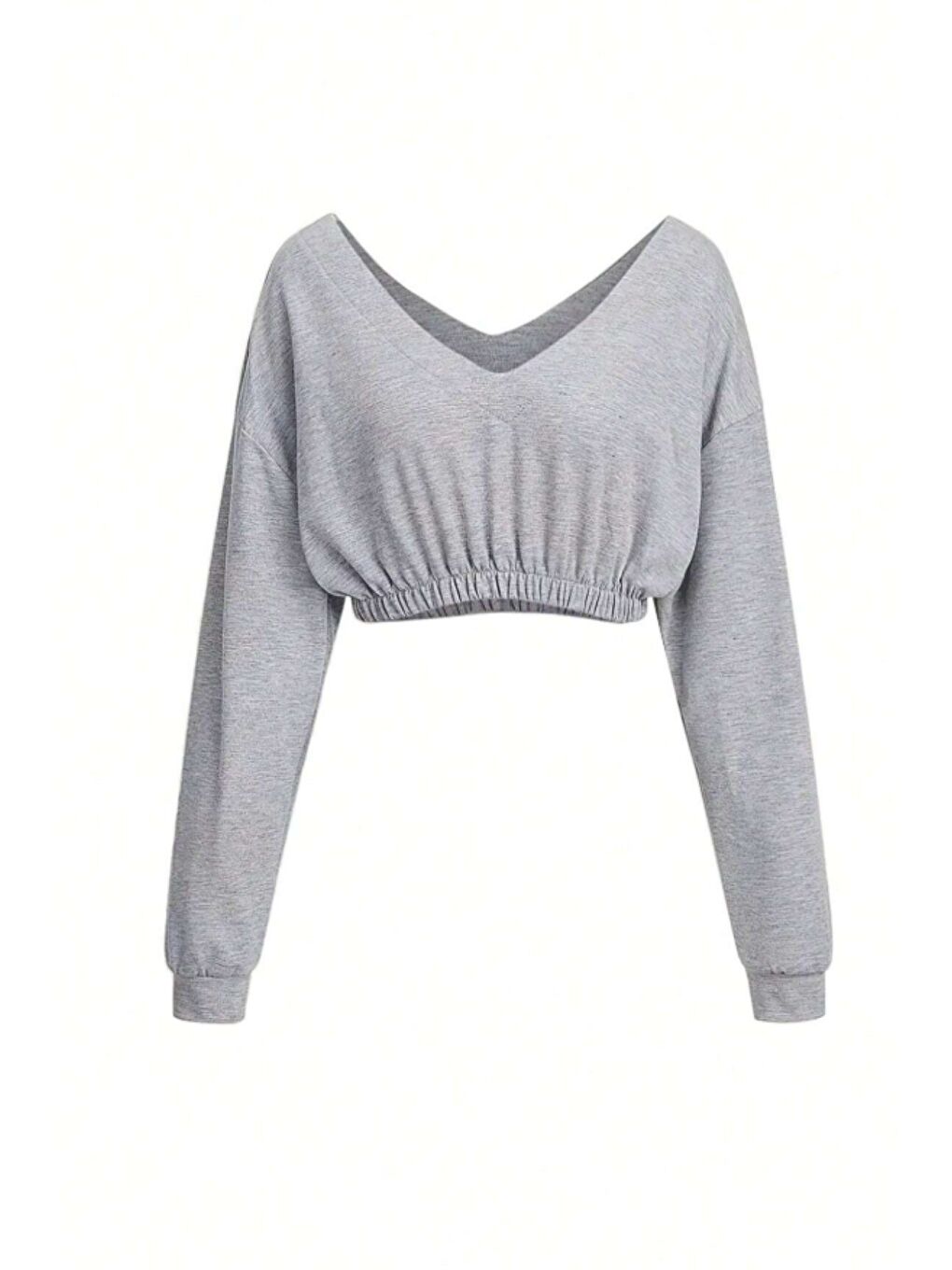 Gri Kadın Omuz Dekolteli Lastikli Crop Sweatshirt %100 Pamuk-4