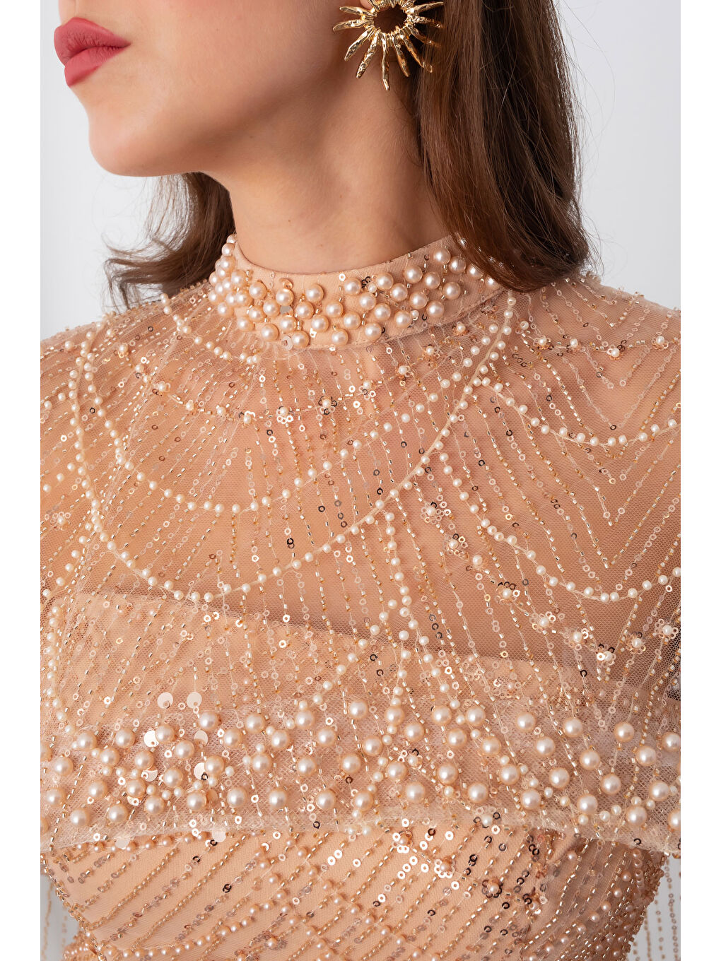 Sarı Kadın Gold Straplez Uzun Şal Detay Boncuklu Söz Nişan Abiye-4