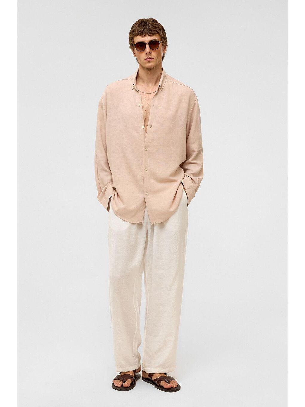 Oversize Uzun Kollu Keten Gömlek Bej