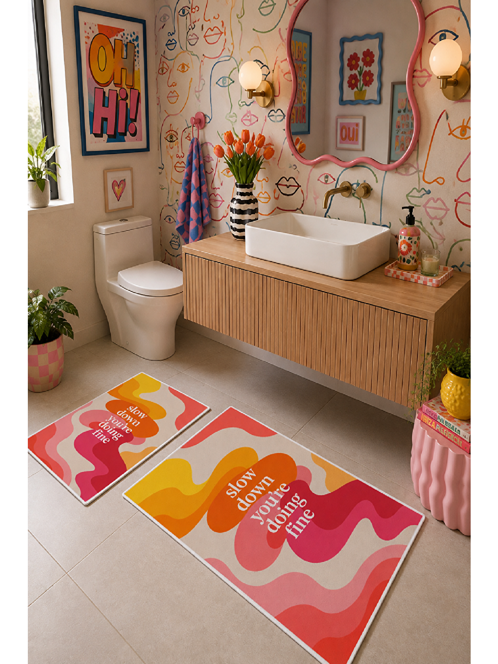 Pembe Turuncu Slow Down Yazılı Dalga Desenli Banyo Paspası 2’li Set-2
