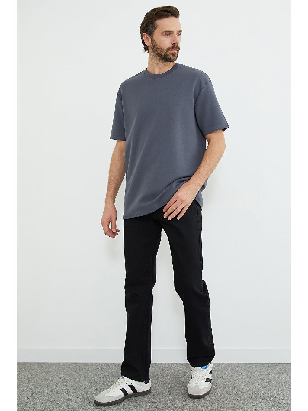 Gri Basic Bisiklet Yaka İnterlok Tişört-2